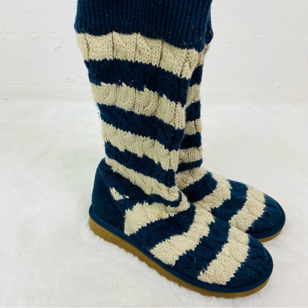 UGG Navy & cream Striped Knit Boots cable-knit upper and a shearling-lined base - Picture 8 of 14